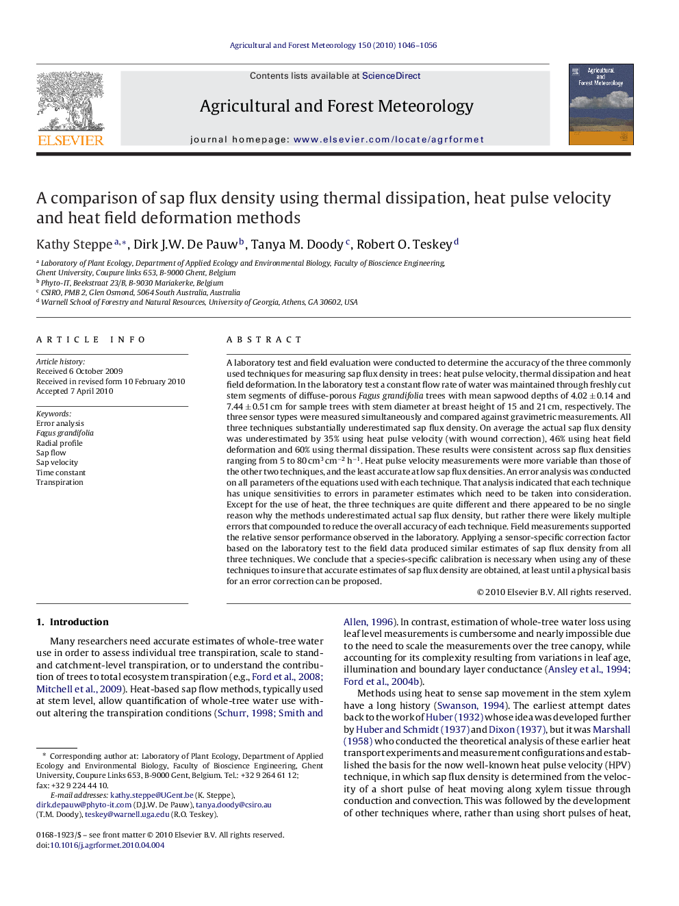 A comparison of sap flux density using thermal dissipation, heat pulse velocity and heat field deformation methods