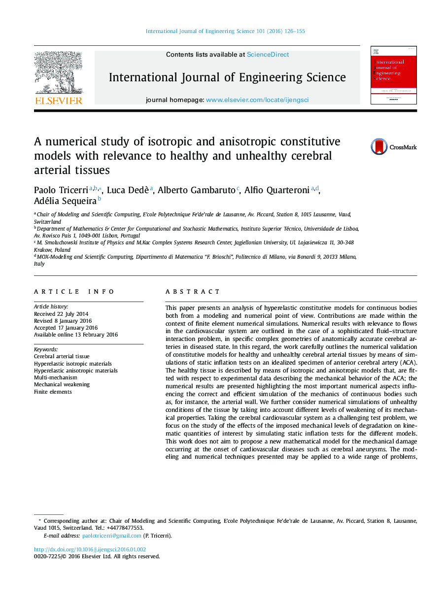 A numerical study of isotropic and anisotropic constitutive models with relevance to healthy and unhealthy cerebral arterial tissues