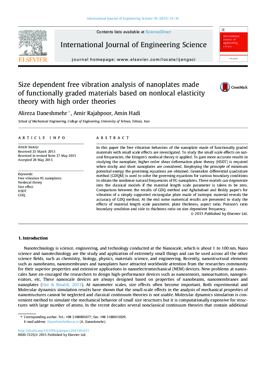 Size dependent free vibration analysis of nanoplates made of functionally graded materials based on nonlocal elasticity theory with high order theories