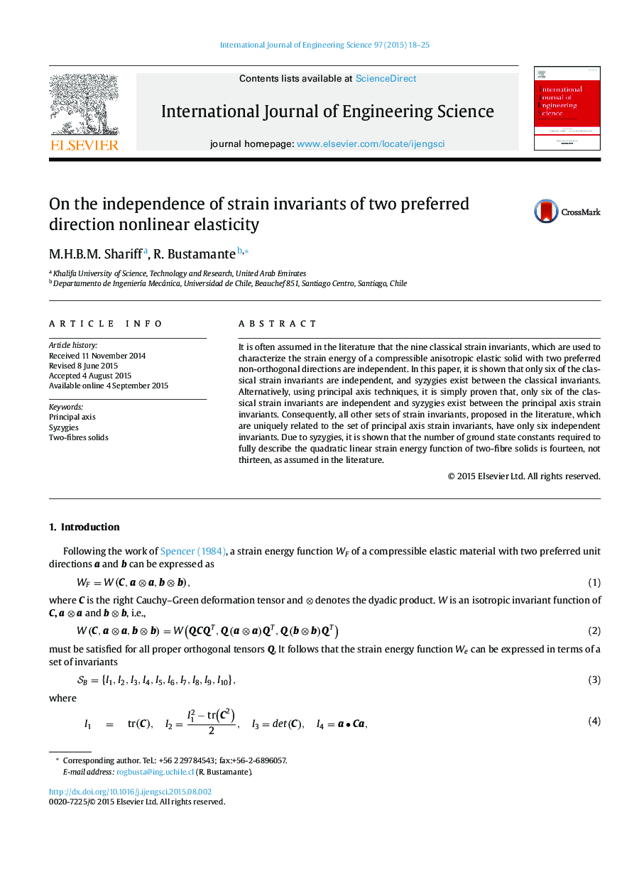 On the independence of strain invariants of two preferred direction nonlinear elasticity
