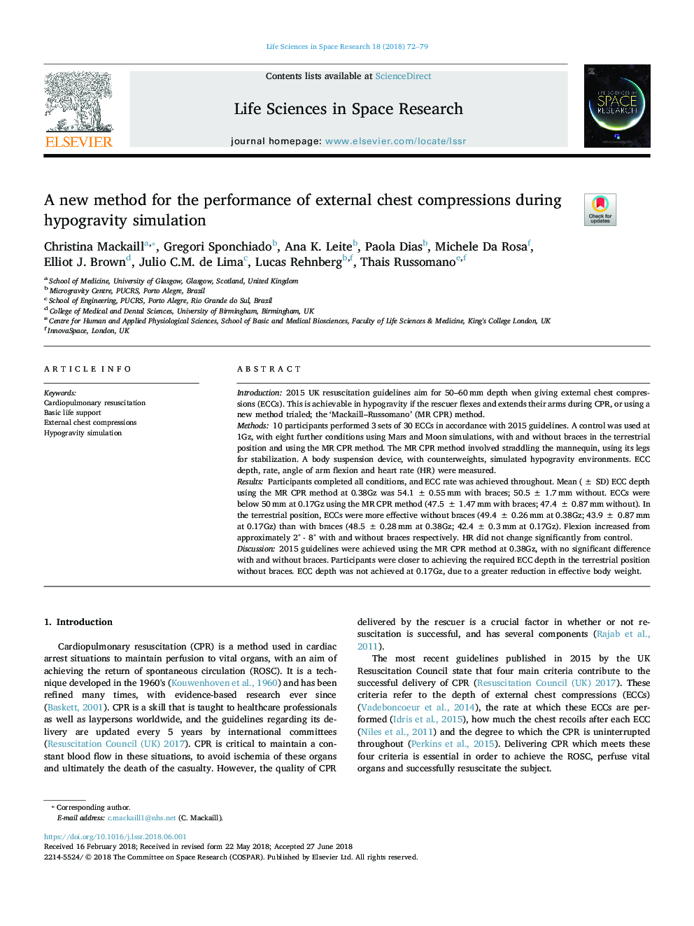 A new method for the performance of external chest compressions during hypogravity simulation