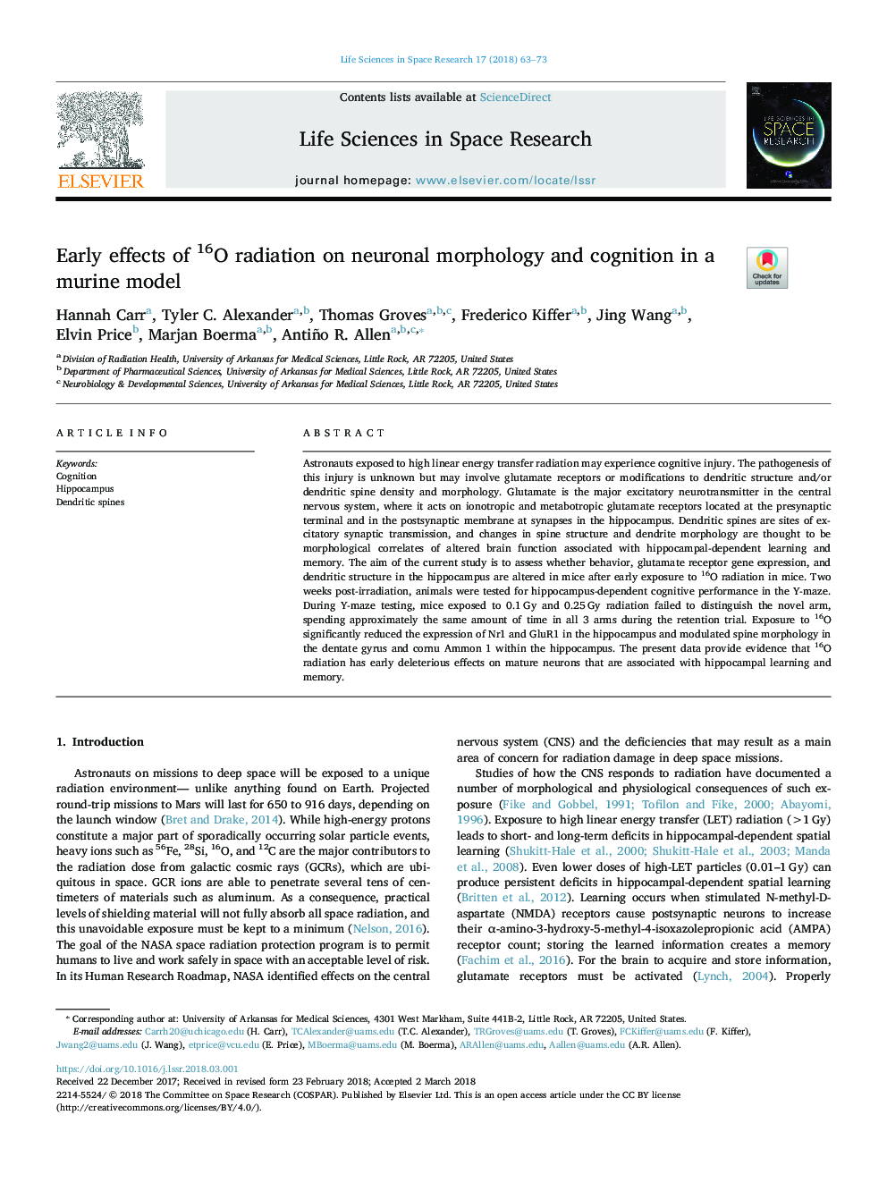 Early effects of 16O radiation on neuronal morphology and cognition in a murine model