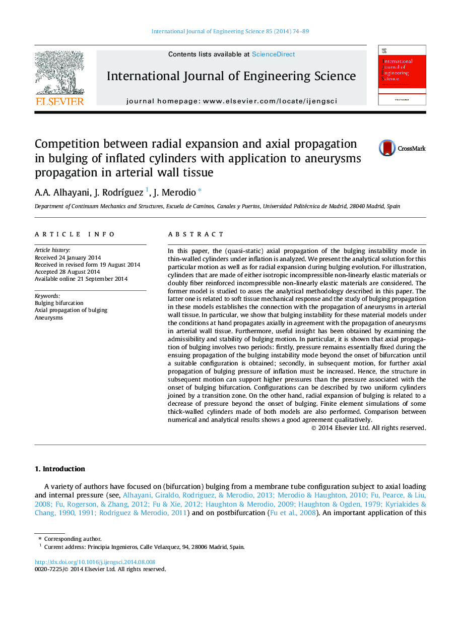 Competition between radial expansion and axial propagation in bulging of inflated cylinders with application to aneurysms propagation in arterial wall tissue