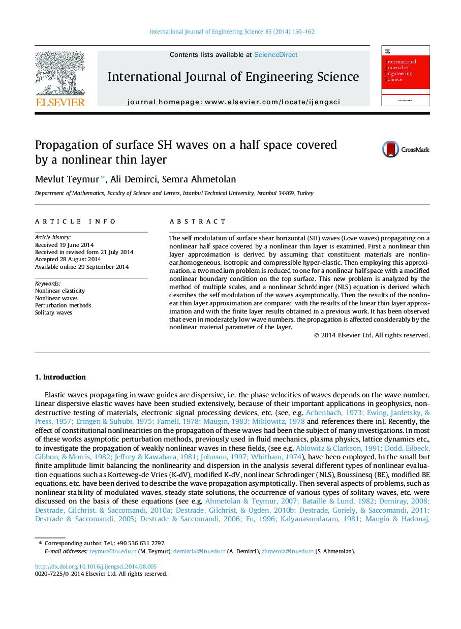 Propagation of surface SH waves on a half space covered by a nonlinear thin layer