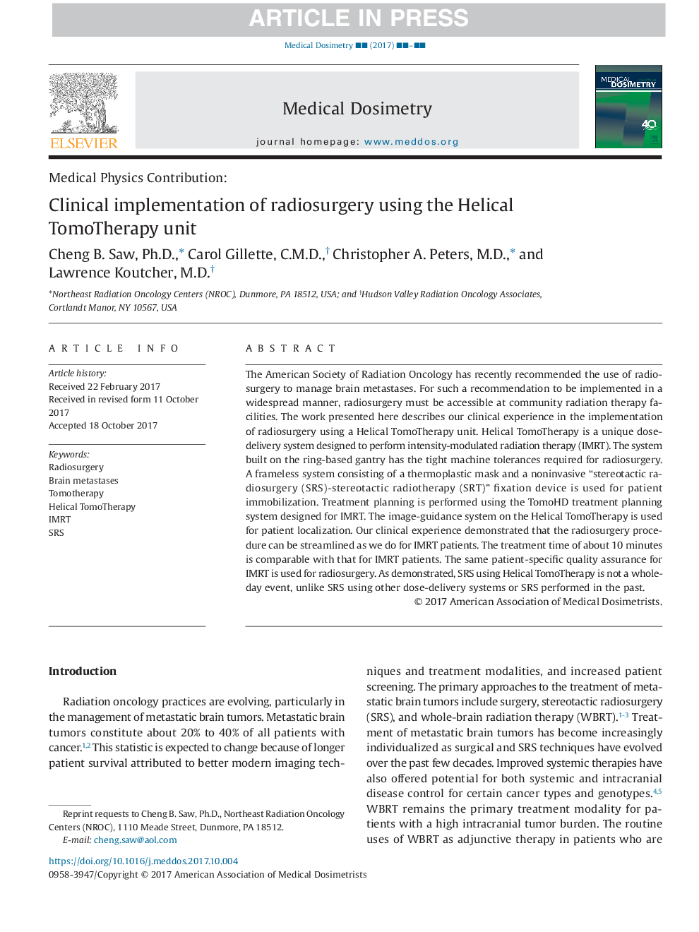 Clinical implementation of radiosurgery using the Helical TomoTherapy unit