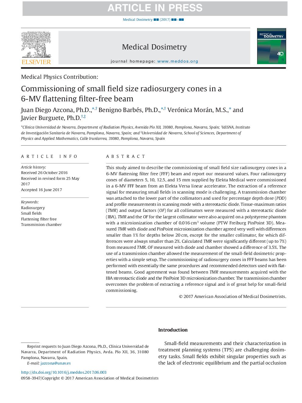 Commissioning of small field size radiosurgery cones in a 6-MV flattening filter-free beam