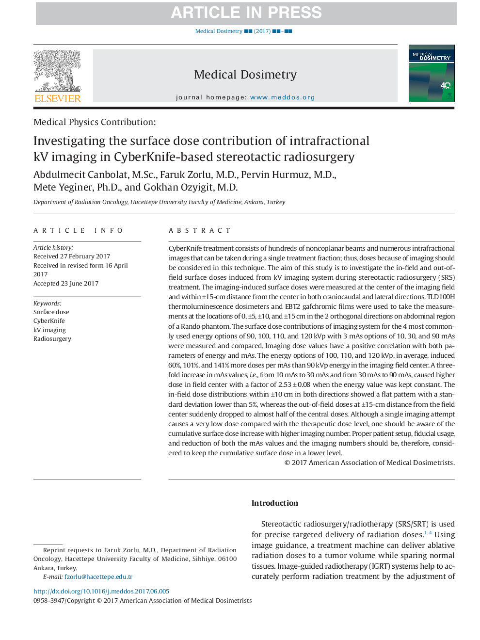 Investigating the surface dose contribution of intrafractional kV imaging in CyberKnife-based stereotactic radiosurgery