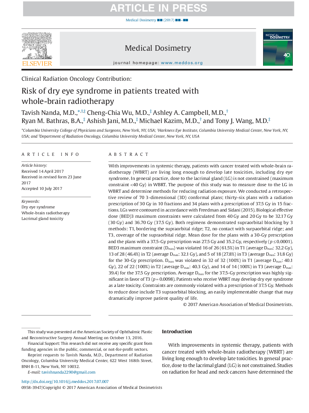 Risk of dry eye syndrome in patients treated with whole-brain radiotherapy