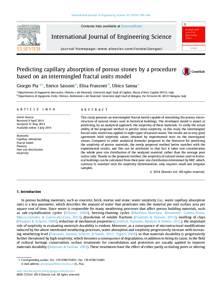 Predicting capillary absorption of porous stones by a procedure based on an intermingled fractal units model