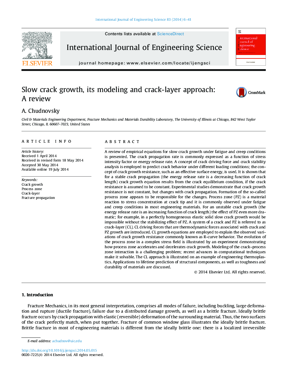 Slow crack growth, its modeling and crack-layer approach: A review