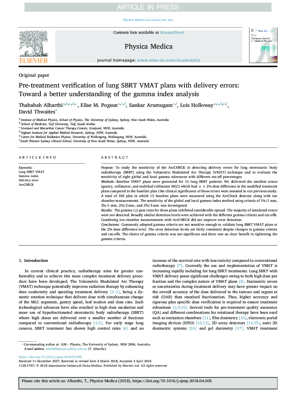 Pre-treatment verification of lung SBRT VMAT plans with delivery errors: Toward a better understanding of the gamma index analysis