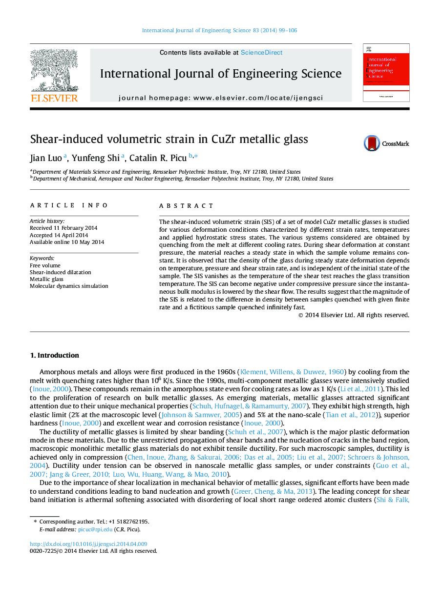 Shear-induced volumetric strain in CuZr metallic glass