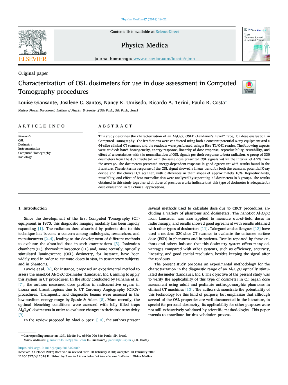 Characterization of OSL dosimeters for use in dose assessment in Computed Tomography procedures