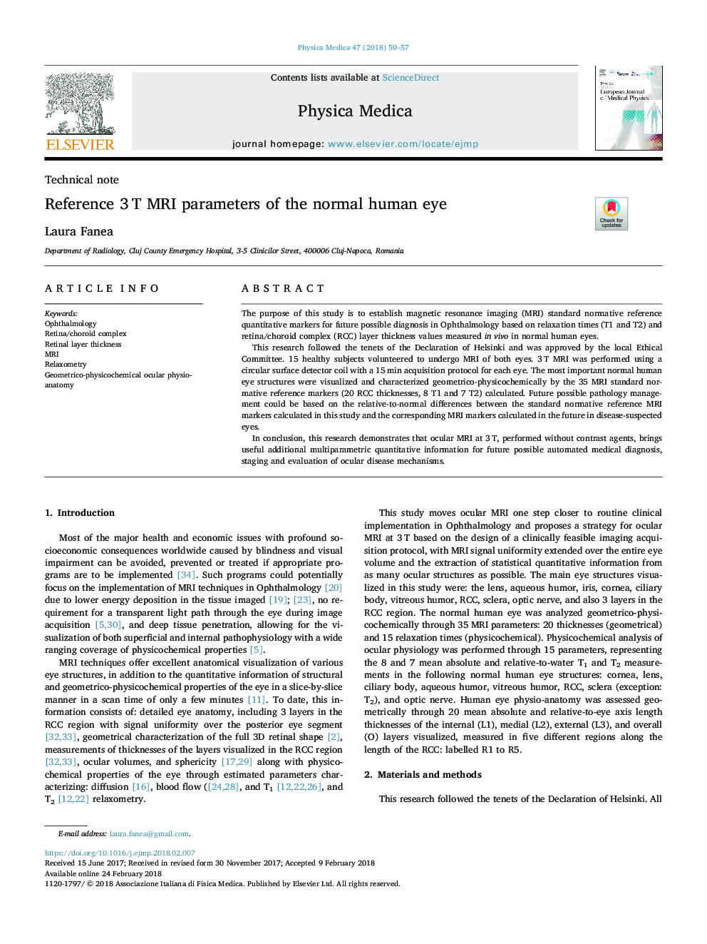 Reference 3â¯T MRI parameters of the normal human eye