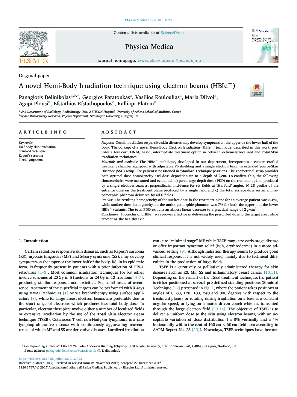 A novel Hemi-Body Irradiation technique using electron beams (HBIeâ)