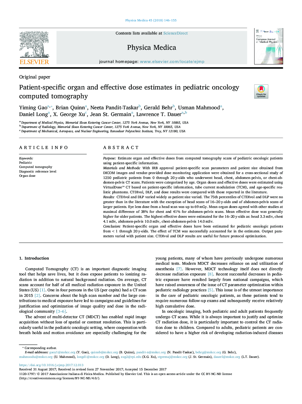 Patient-specific organ and effective dose estimates in pediatric oncology computed tomography