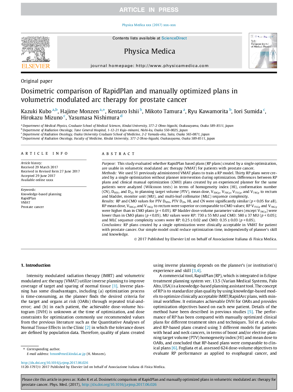 Dosimetric comparison of RapidPlan and manually optimized plans in volumetric modulated arc therapy for prostate cancer