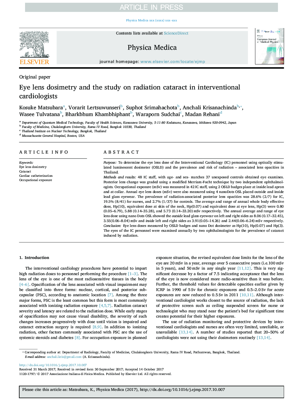 Eye lens dosimetry and the study on radiation cataract in interventional cardiologists