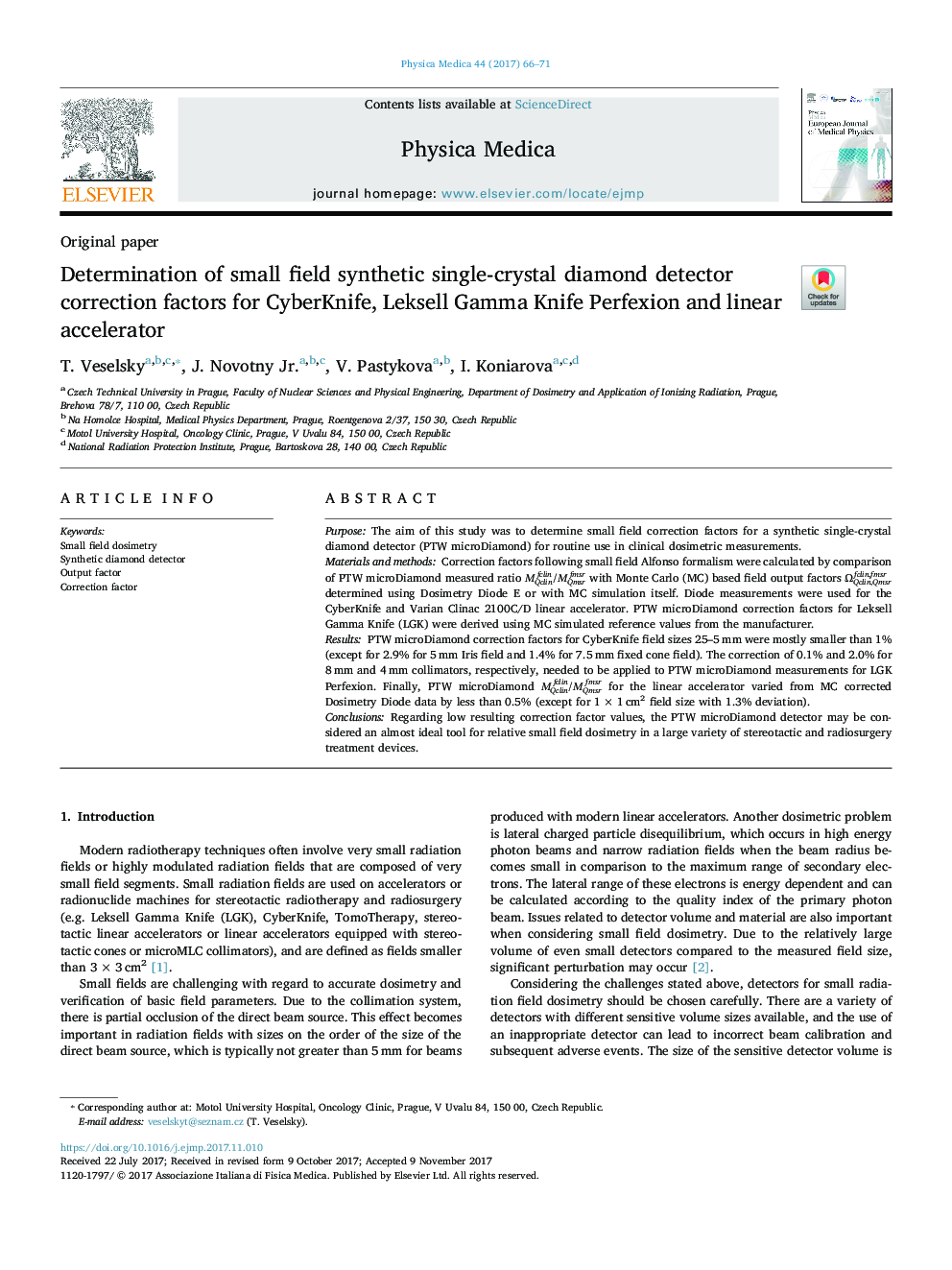 Determination of small field synthetic single-crystal diamond detector correction factors for CyberKnife, Leksell Gamma Knife Perfexion and linear accelerator