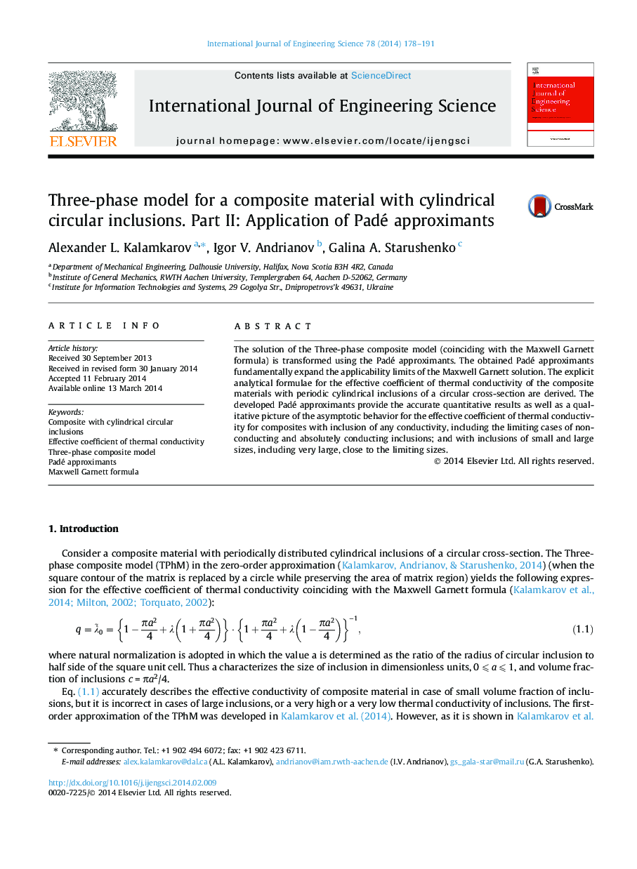Three-phase model for a composite material with cylindrical circular inclusions. Part II: Application of Padé approximants