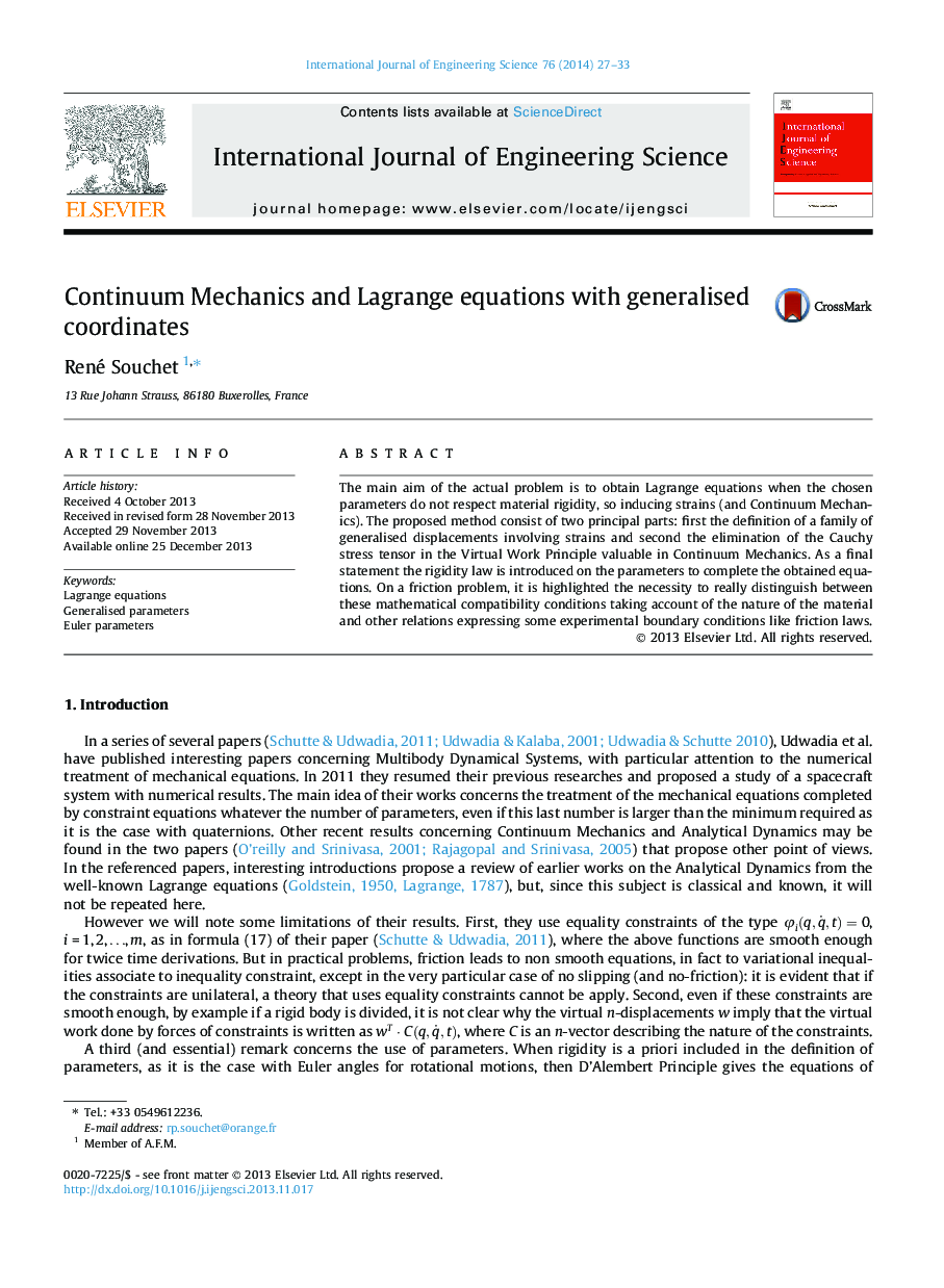 Continuum Mechanics and Lagrange equations with generalised coordinates