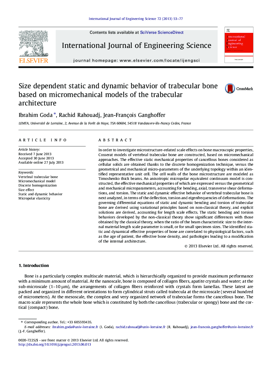 Size dependent static and dynamic behavior of trabecular bone based on micromechanical models of the trabecular architecture