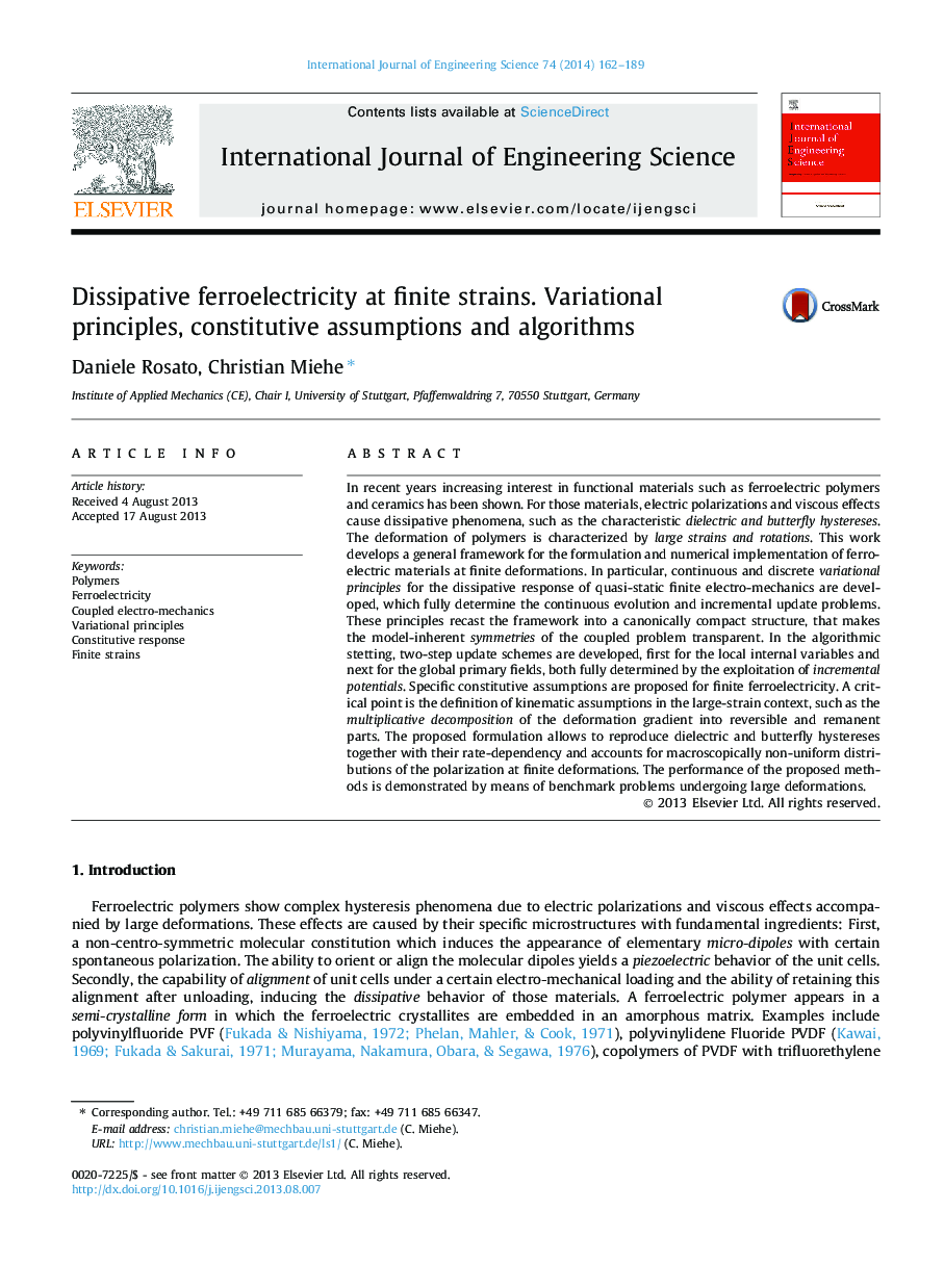 Dissipative ferroelectricity at finite strains. Variational principles, constitutive assumptions and algorithms