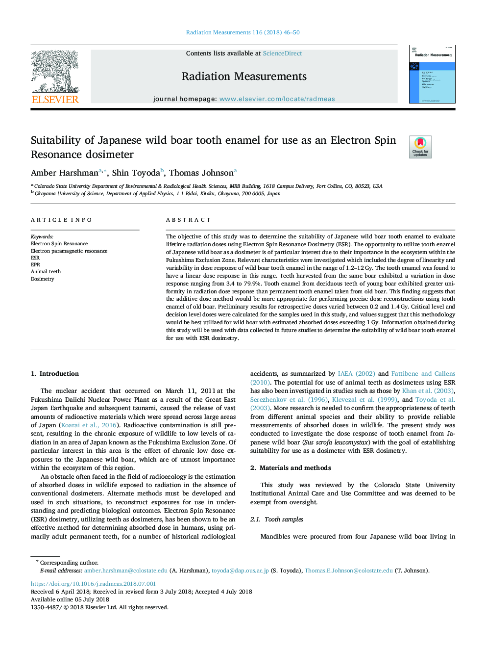 Suitability of Japanese wild boar tooth enamel for use as an Electron Spin Resonance dosimeter