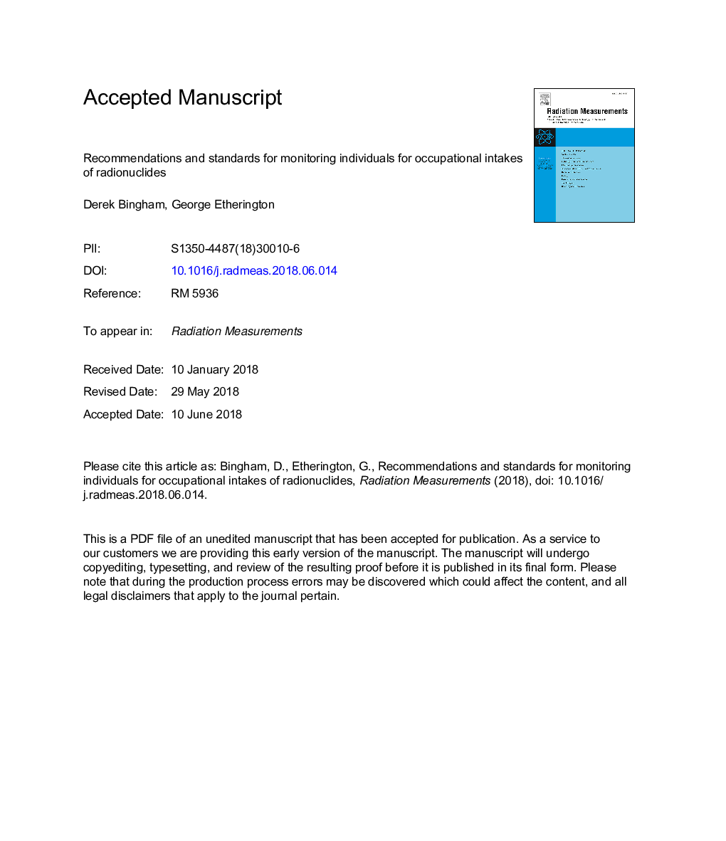 Recommendations and standards for monitoring individuals for occupational intakes of radionuclides