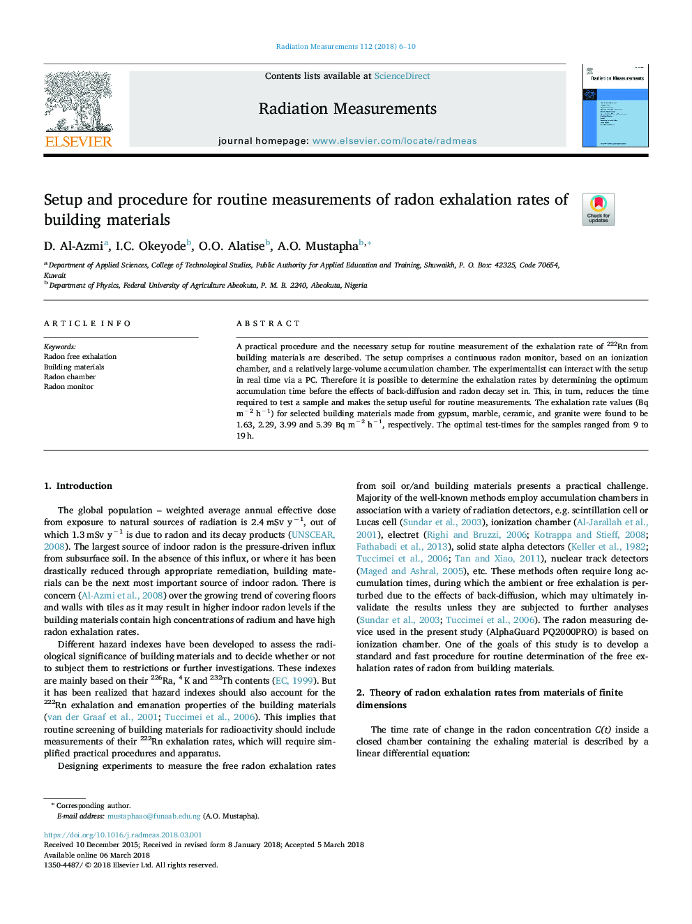 Setup and procedure for routine measurements of radon exhalation rates of building materials