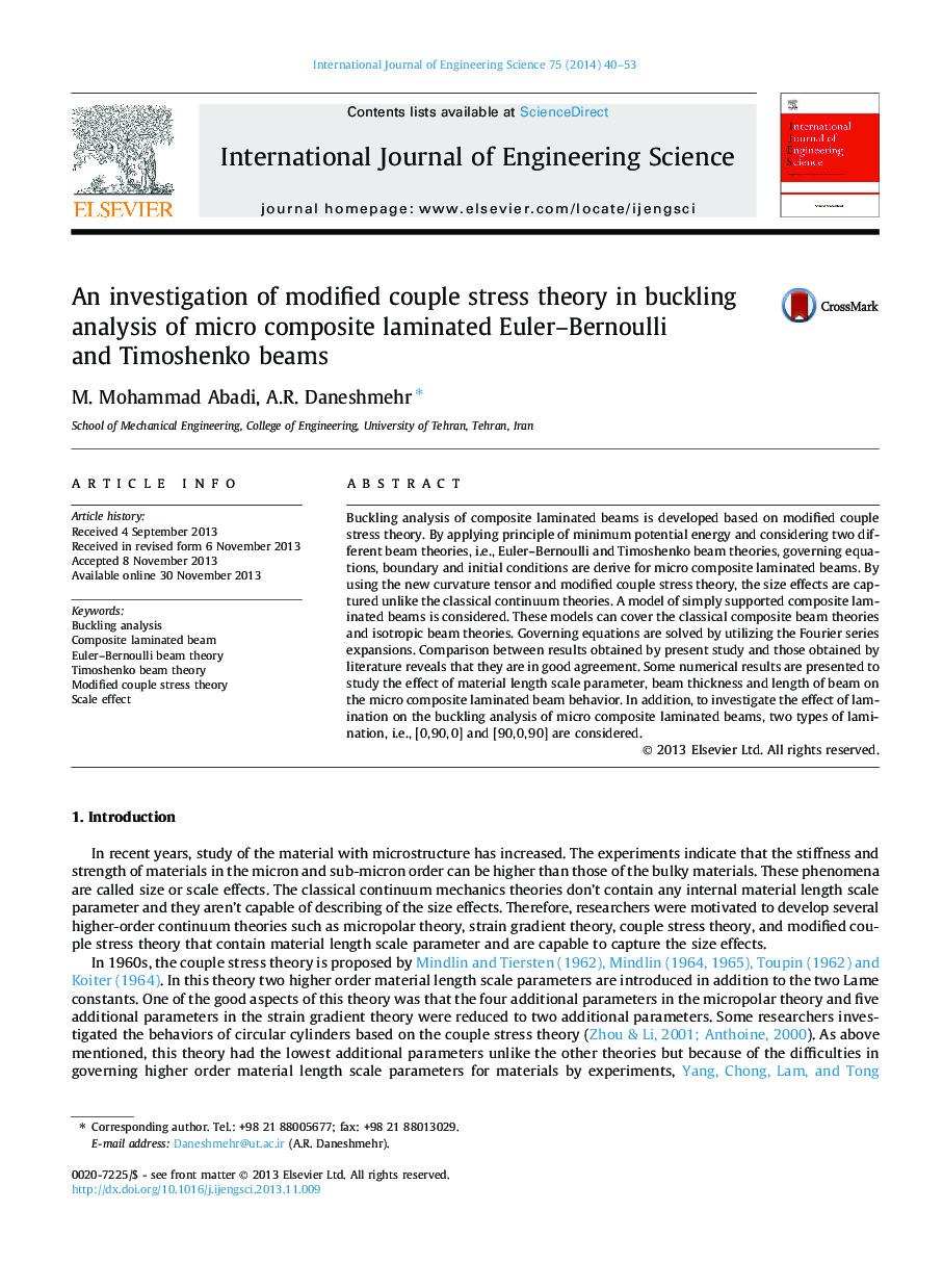 An investigation of modified couple stress theory in buckling analysis of micro composite laminated Euler–Bernoulli and Timoshenko beams