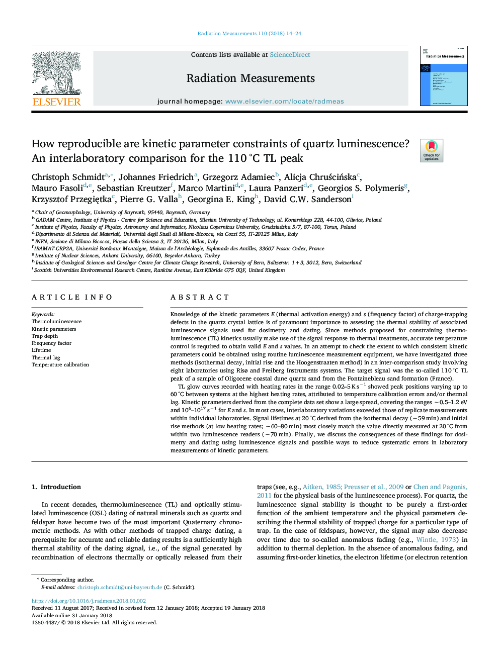 How reproducible are kinetic parameter constraints of quartz luminescence? An interlaboratory comparison for the 110â¯Â°C TL peak