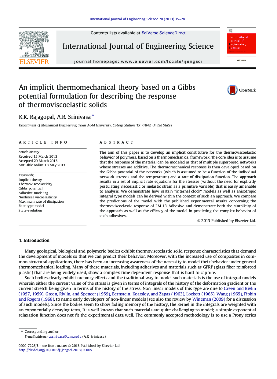 An implicit thermomechanical theory based on a Gibbs potential formulation for describing the response of thermoviscoelastic solids