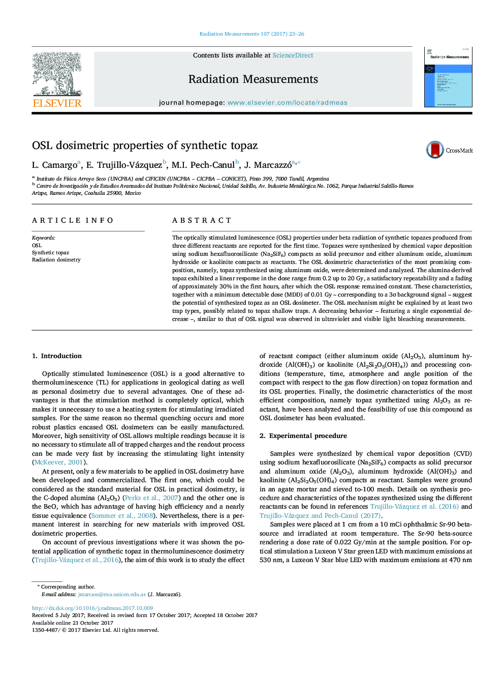 OSL dosimetric properties of synthetic topaz