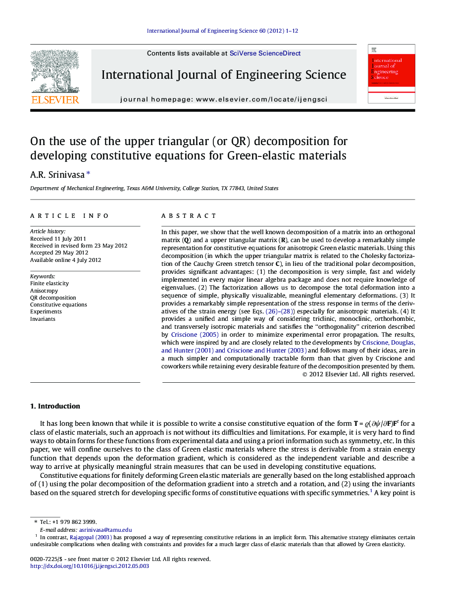 On the use of the upper triangular (or QR) decomposition for developing constitutive equations for Green-elastic materials