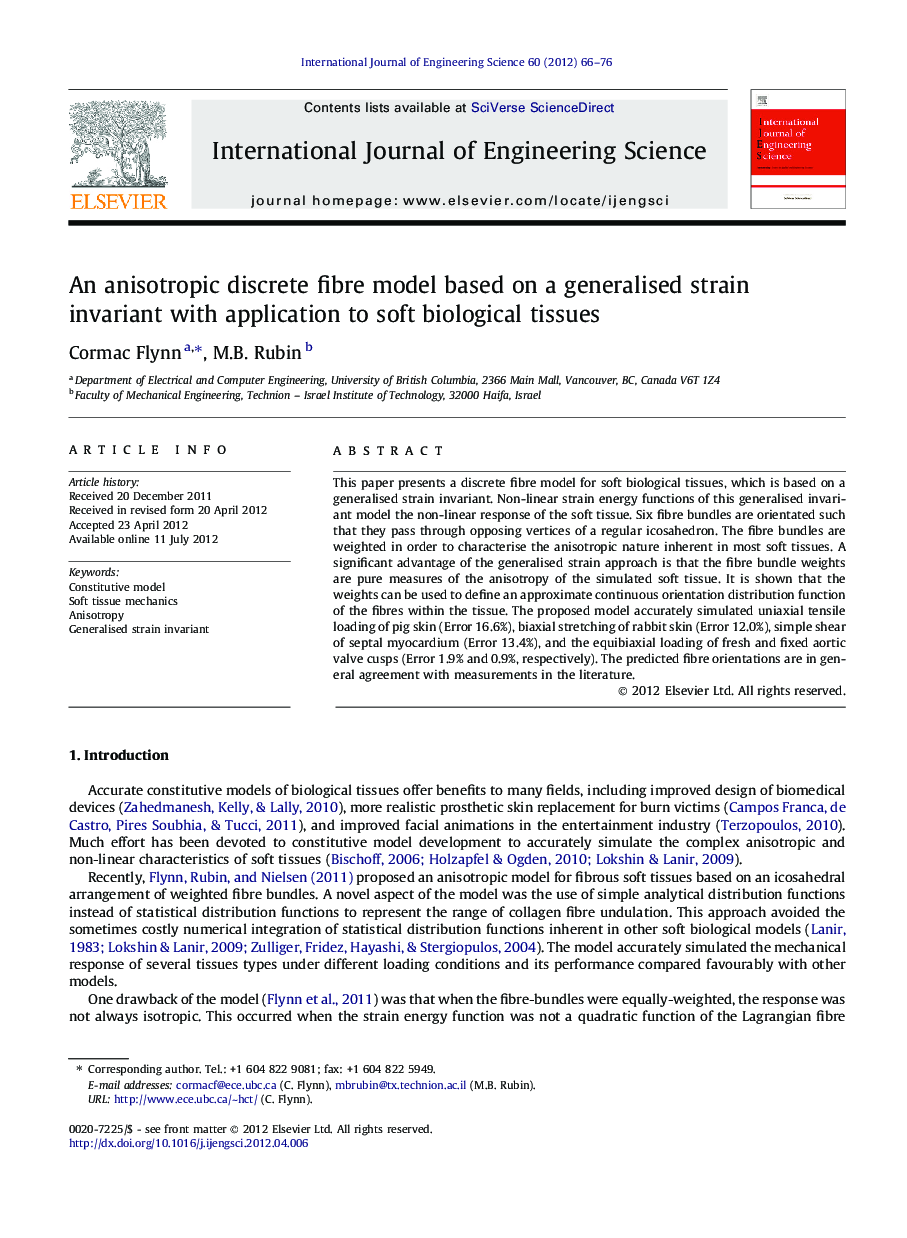 An anisotropic discrete fibre model based on a generalised strain invariant with application to soft biological tissues