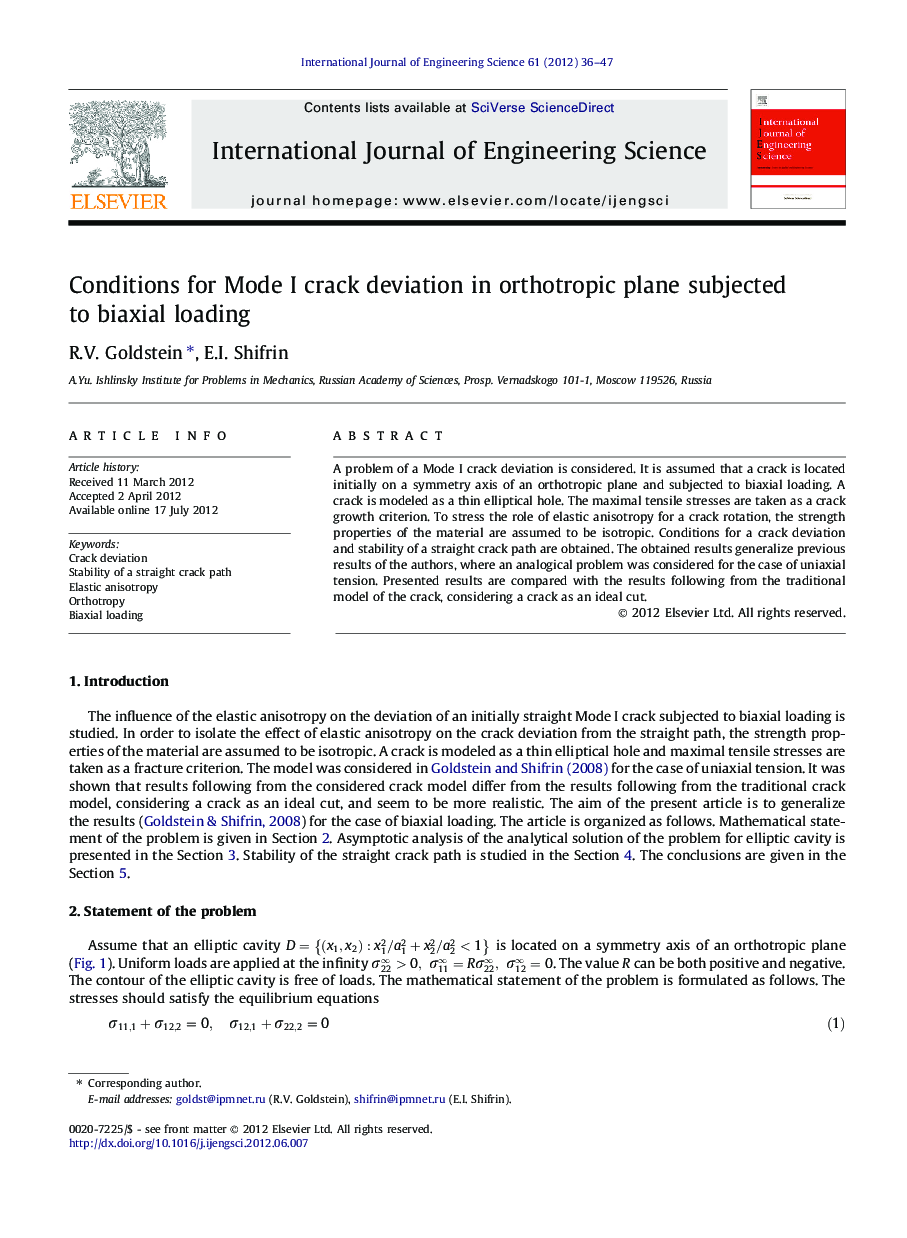 Conditions for Mode I crack deviation in orthotropic plane subjected to biaxial loading