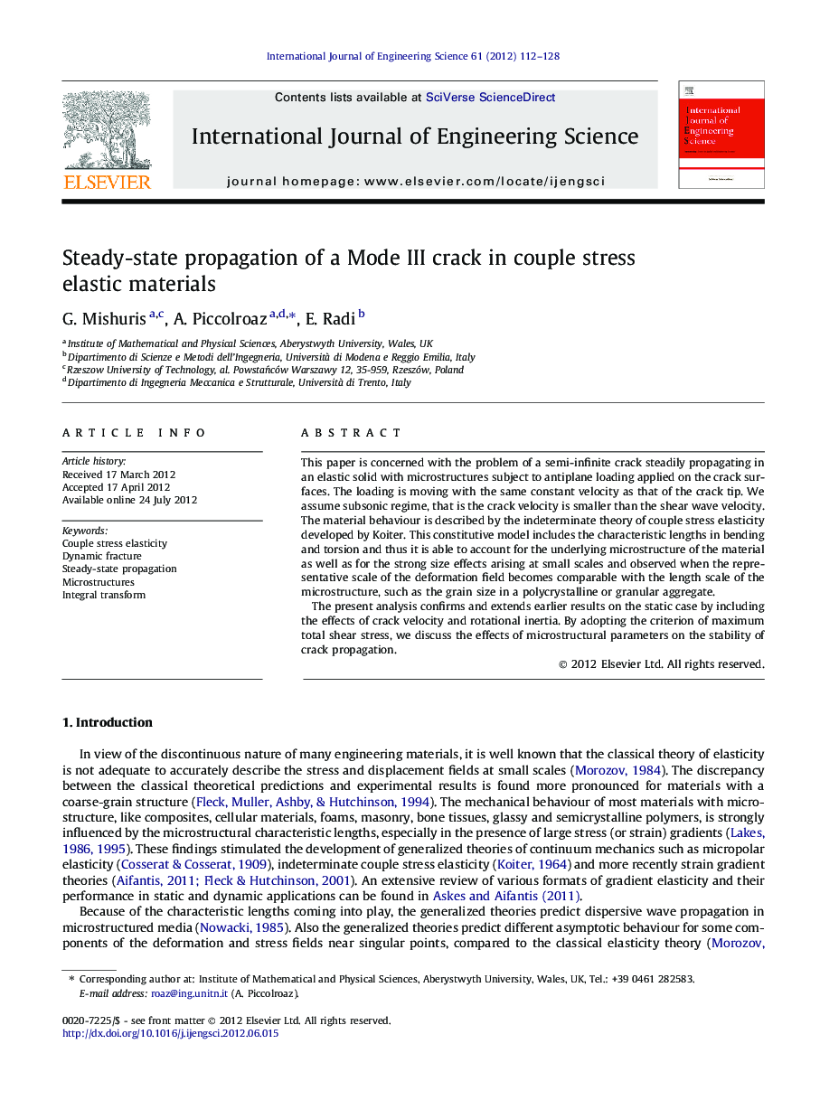 Steady-state propagation of a Mode III crack in couple stress elastic materials