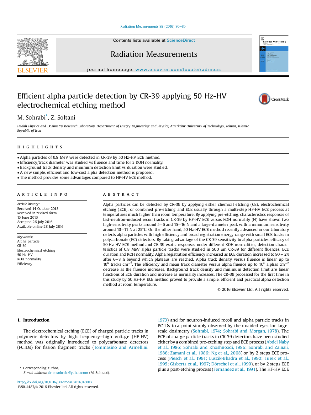 Efficient alpha particle detection by CR-39 applying 50Â Hz-HV electrochemical etching method