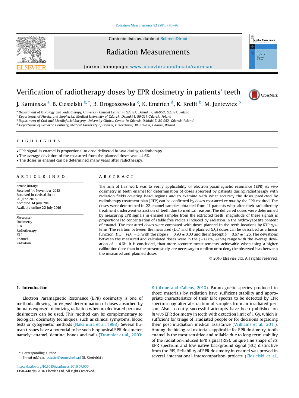 Verification of radiotherapy doses by EPR dosimetry in patients' teeth