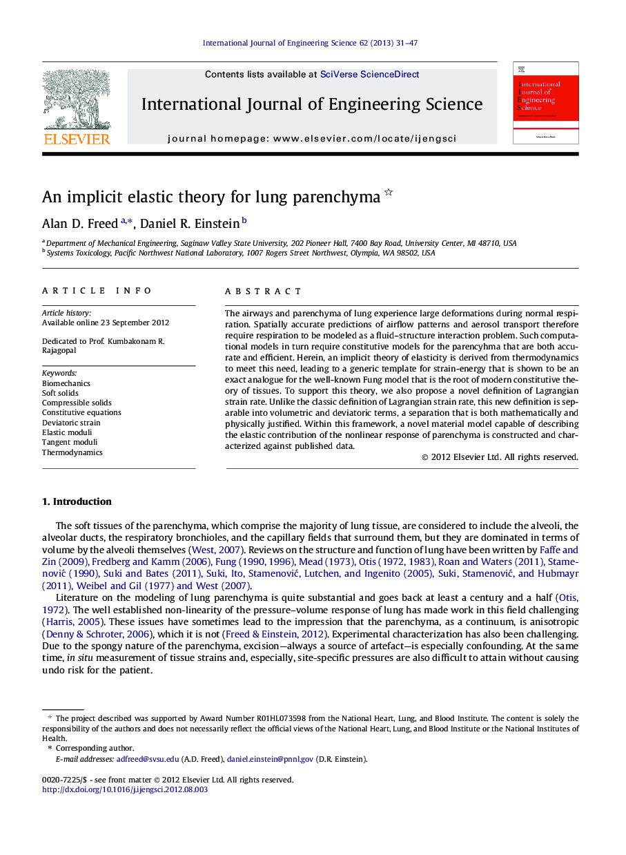 An implicit elastic theory for lung parenchyma 