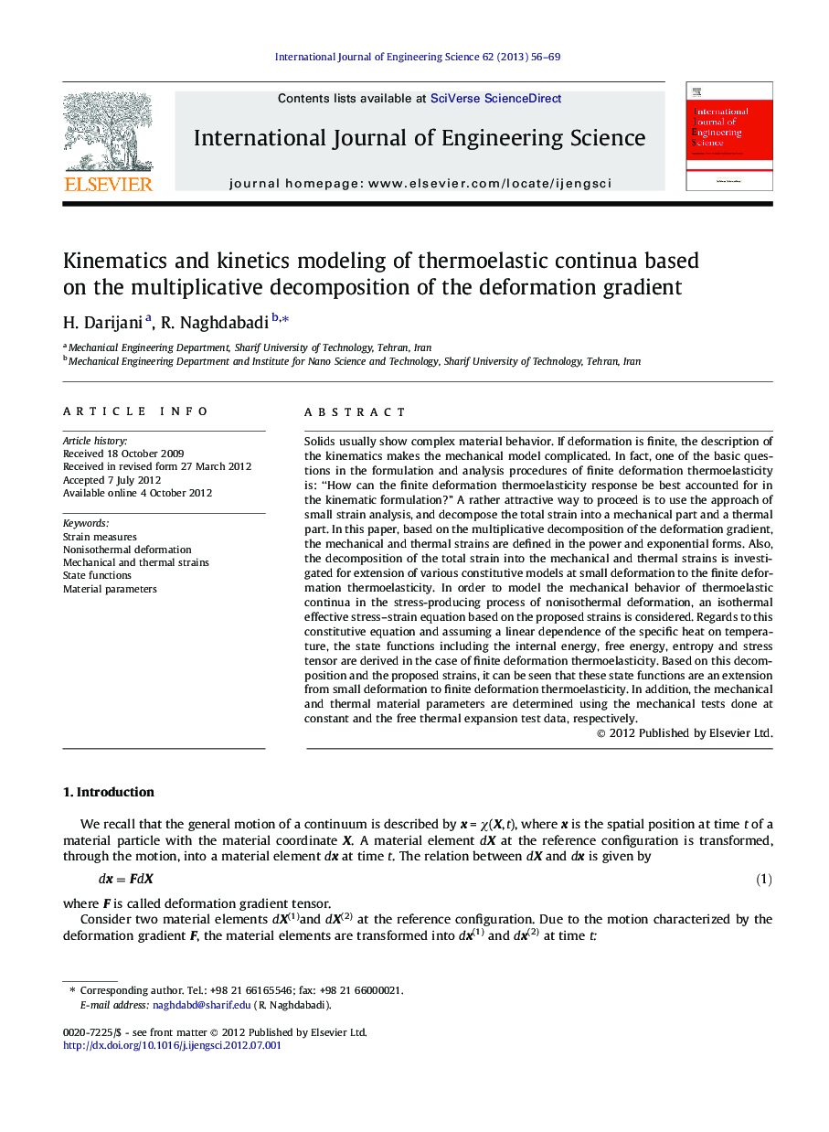 Kinematics and kinetics modeling of thermoelastic continua based on the multiplicative decomposition of the deformation gradient
