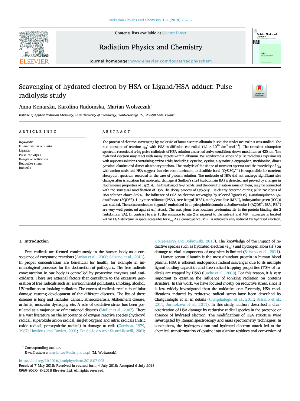 Scavenging of hydrated electron by HSA or Ligand/HSA adduct: Pulse radiolysis study