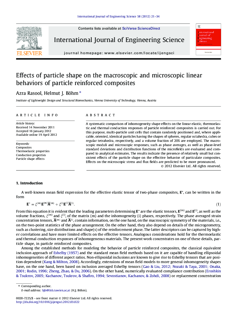 Effects of particle shape on the macroscopic and microscopic linear behaviors of particle reinforced composites