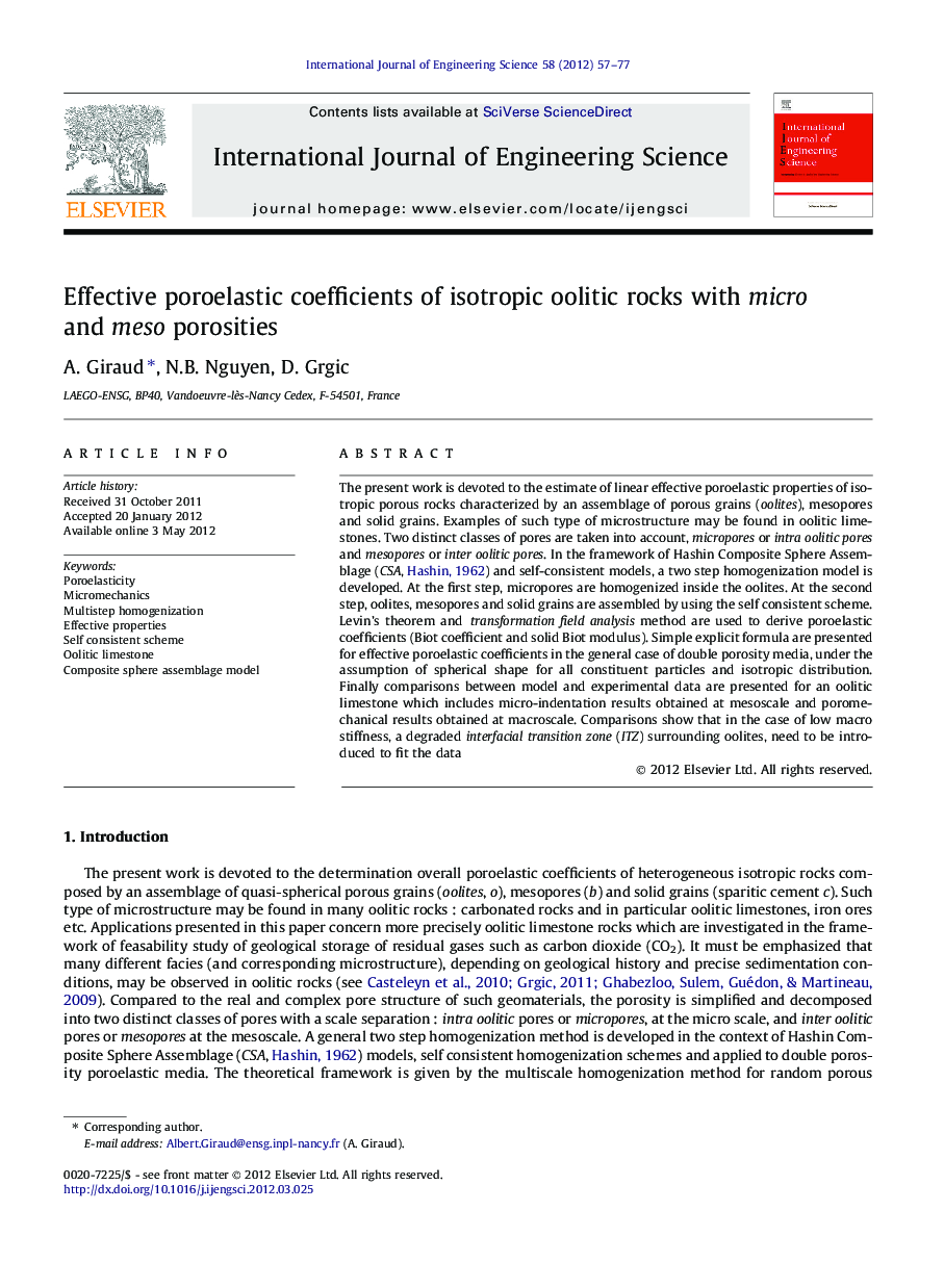 Effective poroelastic coefficients of isotropic oolitic rocks with micro and meso porosities