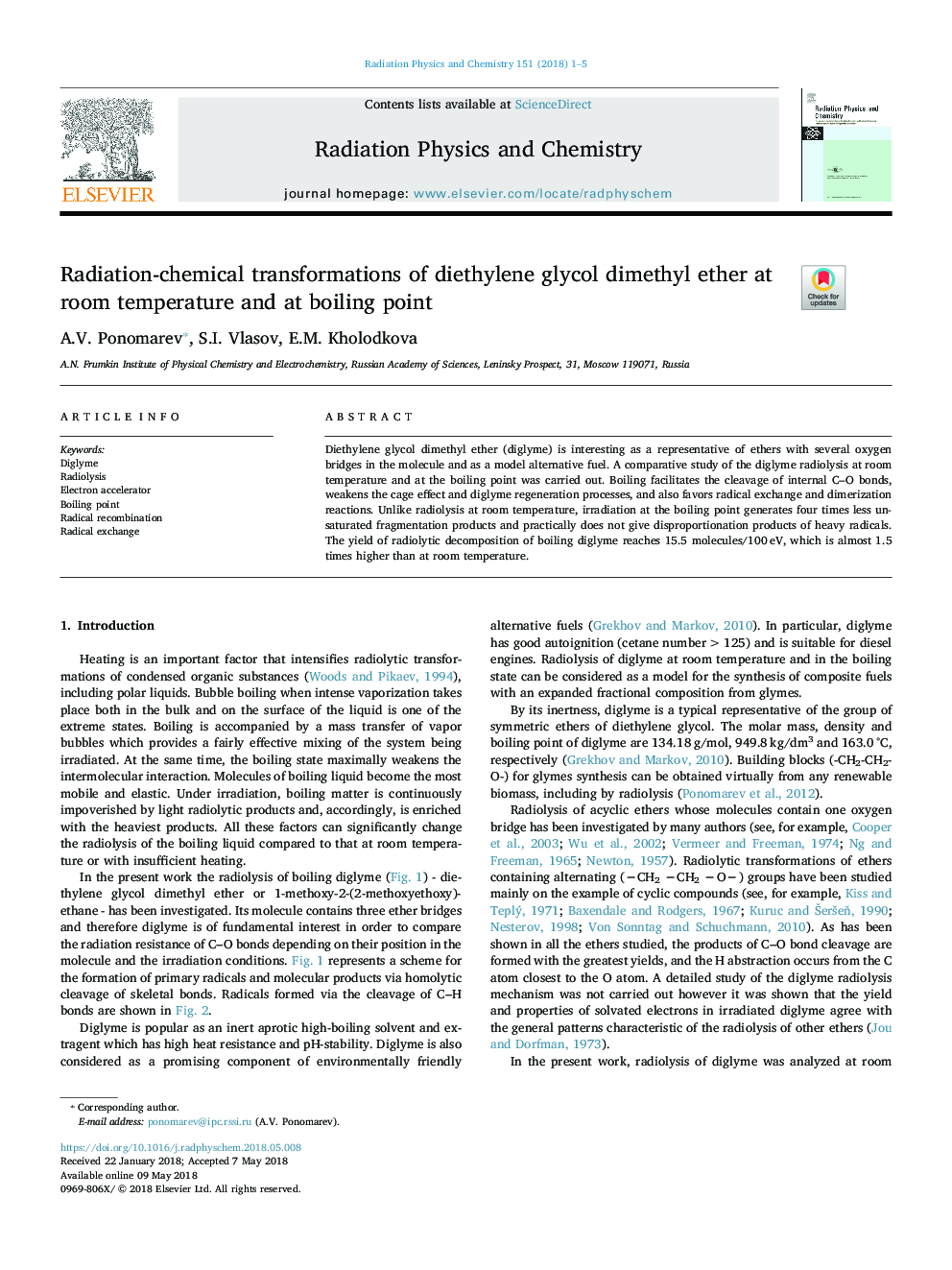 Radiation-chemical transformations of diethylene glycol dimethyl ether at room temperature and at boiling point