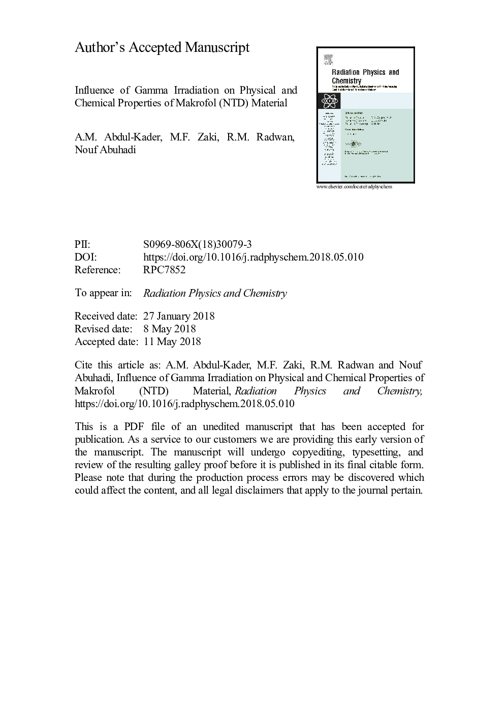 Influence of gamma irradiation on physical and chemical properties of Makrofol (NTD) material