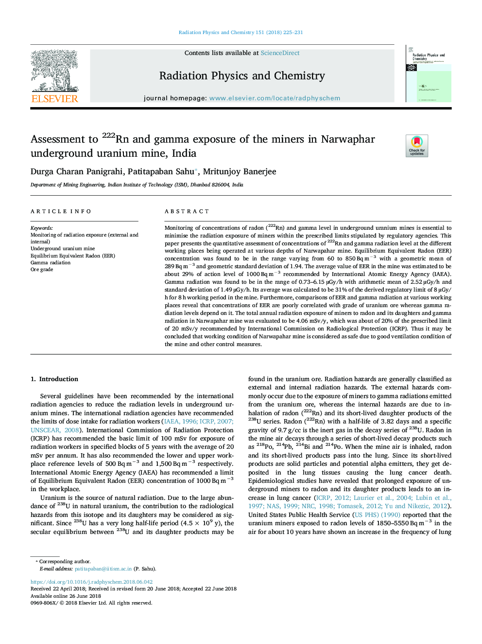 Assessment to 222Rn and gamma exposure of the miners in Narwaphar underground uranium mine, India