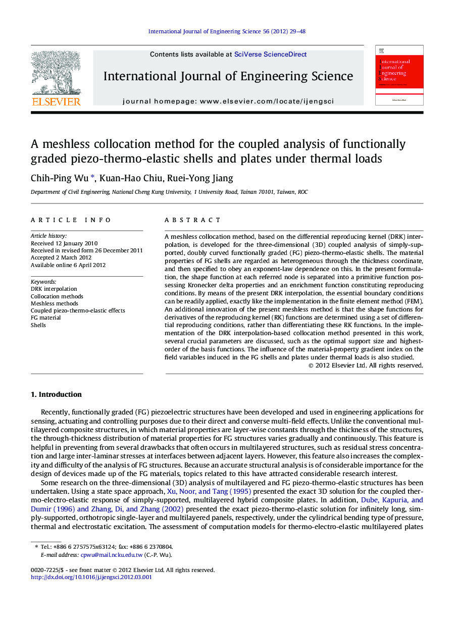 A meshless collocation method for the coupled analysis of functionally graded piezo-thermo-elastic shells and plates under thermal loads