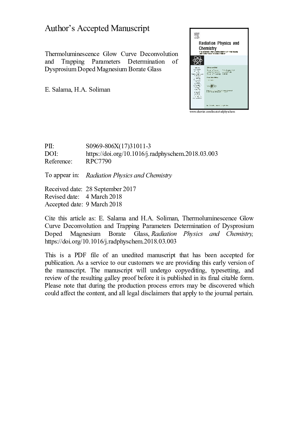 Thermoluminescence glow curve deconvolution and trapping parameters determination of dysprosium doped magnesium borate glass